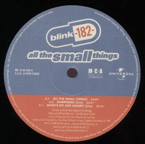 Blink-182 All The Small Things レコード Blink 182 / All The Small Things 2000 Italy Vinyl Major Records MR