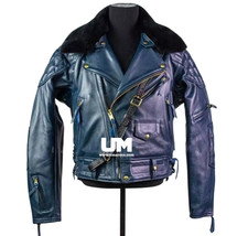 Men's Blue Brando Style Leather Jacket with Fur Collar & Classic Full Belt Set