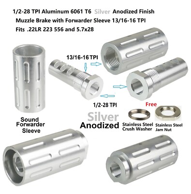 1/2x28 TPI Silver Anodized Al Muzzle Brake W 13/16-16 Forwarder Tube 22 223 5728