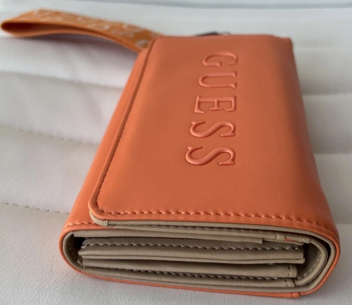GUESS LOS ANGELES FINNIAN SLG WRISTLET CLUTCH WALLET Apricot BLACK LOGO NWT