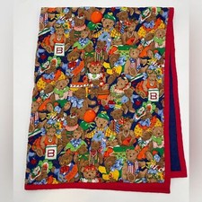 Vintage Baby Blanket Bears Quilted Unisex Blue Blocks Balloons Retro Whimsical