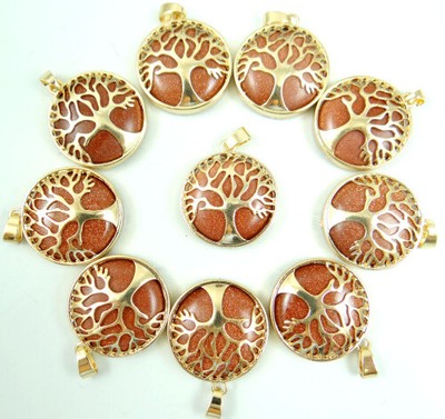 12pcs Natural Stone Quartz Crystal Golden Tree of Life Round Pendant for Jewelry