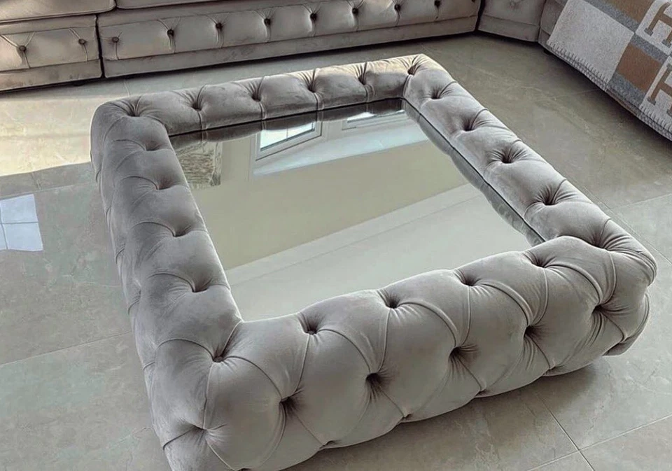 Glass coffee table velvet mirror plush grey upholstered deep buttoned - Image 2 of 4