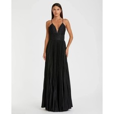 Mac Duggal 30725 Black Metallic Pleated V-Neck Open Back Maxi Gown Size 14