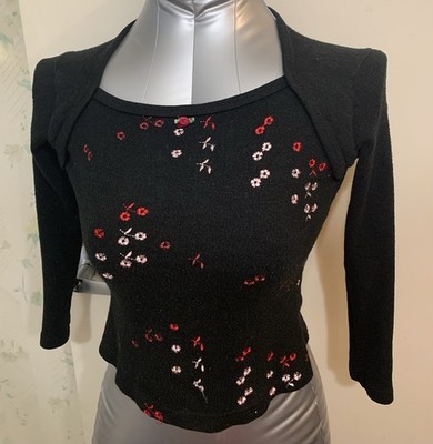 Knit Long Sleeve Blouse , Cropped, Floral  Embroidery,Multicolor, Small