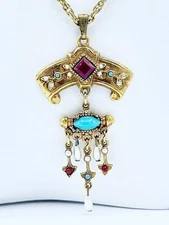 Vintage ART Victorian Revival Gold-Tone w/ Faux Seed Pearls & Turquoise Necklace