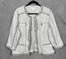 Chico's Linen Blend Blazer Jacket Women 3 Gray Faux Snake Skin Trim Career Party