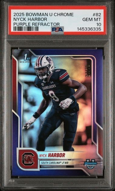 NYCK HARBOR 2025 BOWMAN CHROME UNIVERSITY 1ST PURPLE REFRACTOR SP /75 PSA 10