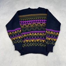 Vintage Abstract Knitted Jumper Patterned Grandad Knit Sweater Men's L