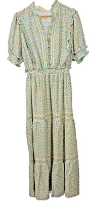 Max Studio Green Maxi Milkmaid Dress 1X NWT Puff Sleeve Boho Floral Ruffle Tier