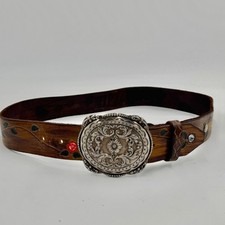 Vintage Quality Hand Tooled Leather Painted Western Belt Brown USA 18" - DIANE