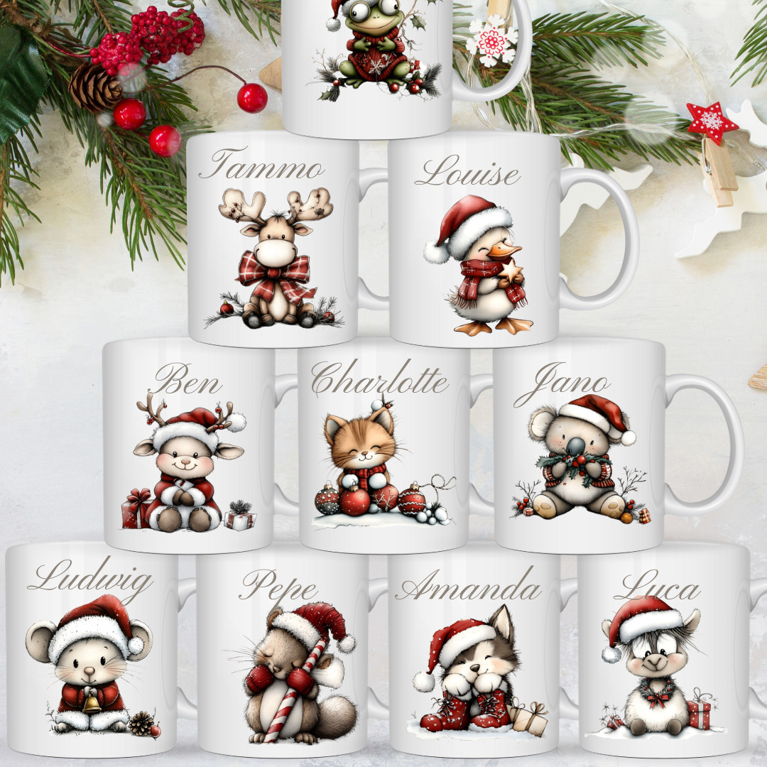 Personalisierte Weihnachtstasse mit Namen & Tiermotiv | 10 liebevolle Winterdesi