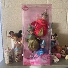 Disney Store Sleeping Beauty Fairy Godmother Doll Set  Flora Fauna Merryweather 