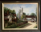 ANTIQUE OIL PAINTING Large Primitive St Peters Church South Weald By GUTTERIDGE