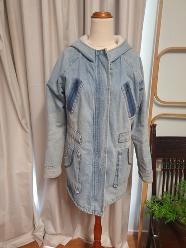 Vintage 90s Fur Lined Long Light Blue Denim Hooded Coat Jacket Size S/M - Picture 5 of 11