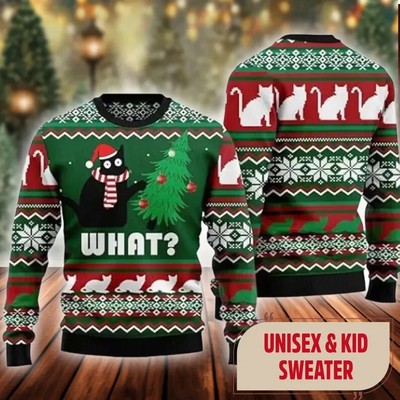 BG Funny Black Cat Ugly Christmas Sweater, Cat Christmas Sweatshirt, Cute Cat Pe
