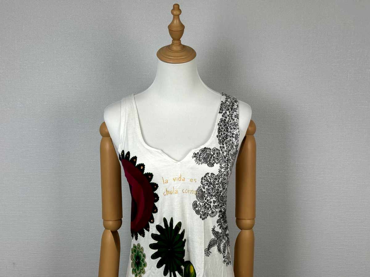 Desigual Women's Dress Tunic Mini Floral Sequin Embroidered White Size M