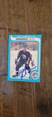 1979-80 OPC SIGNED CARD WILLY LINDSTROM  WINNIPEG JETS OILERS SWEDEN WHA # 368