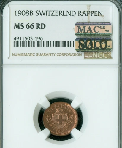 1908 B SWITZERLAND RAPPEN NGC MS66 RD PQ SPOTLESS MAC SOLO FINEST RARE .