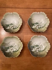 Vintage RS Prussia Germany Green Lily of Valley Flower Set Of 4 Berry Bowls 5.5”