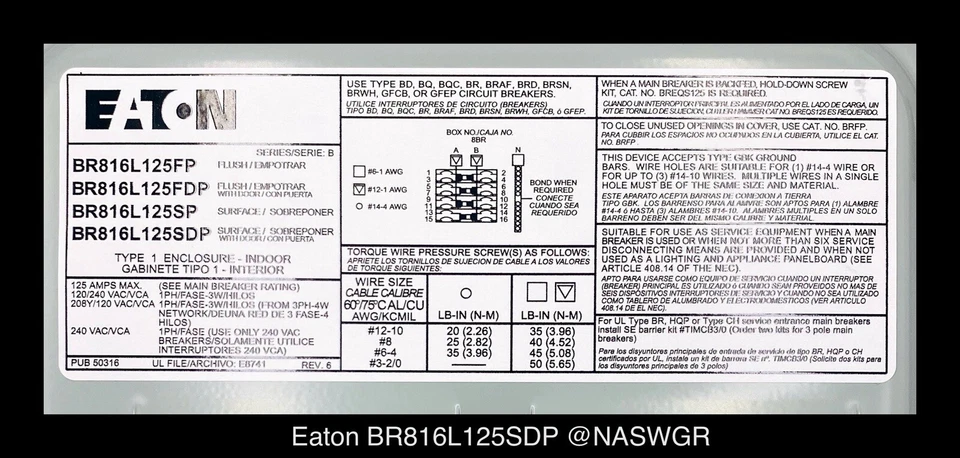 Eaton BR816L125SDP Main Lug Loadcenter - 125A/240V/N1 - Unused - Image 3 of 4