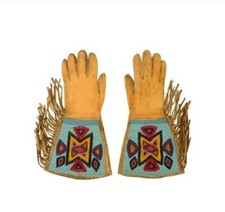 Old American Style Handmade Beaded Leather Gauntlet Gloves GV921