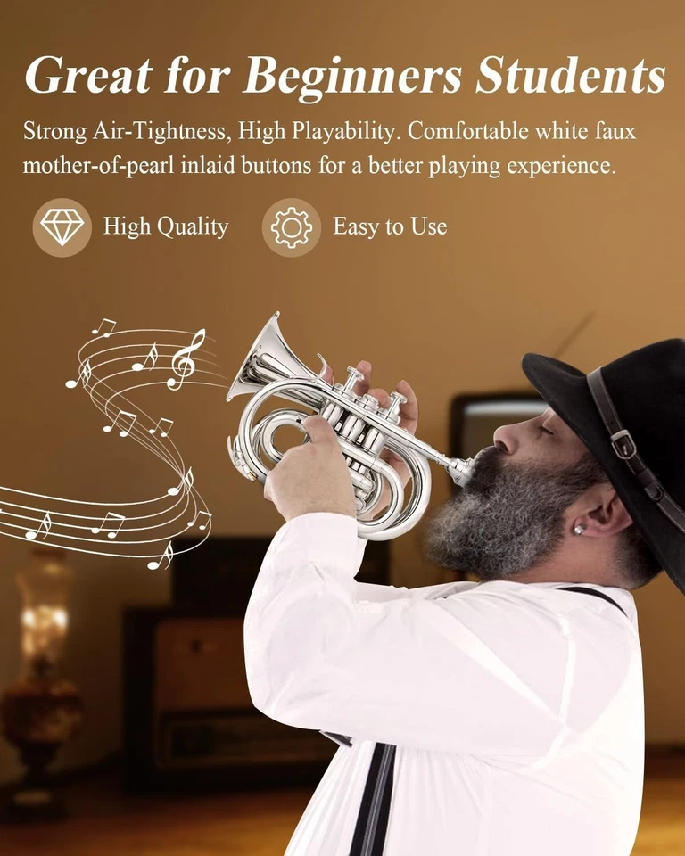 Trompeta de estudiante de latón níquel corneta cuerno de bolsillo vintage 3 válvulas y boquilla Foto 4 de 4