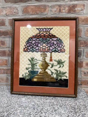 Vtg 1983 Matted & Framed Tiffany Style Stained Glass Lamp Crewel Needlework