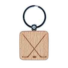Crossed Hockey Sticks with Puck Engraved Wood Square Keychain Tag Charm