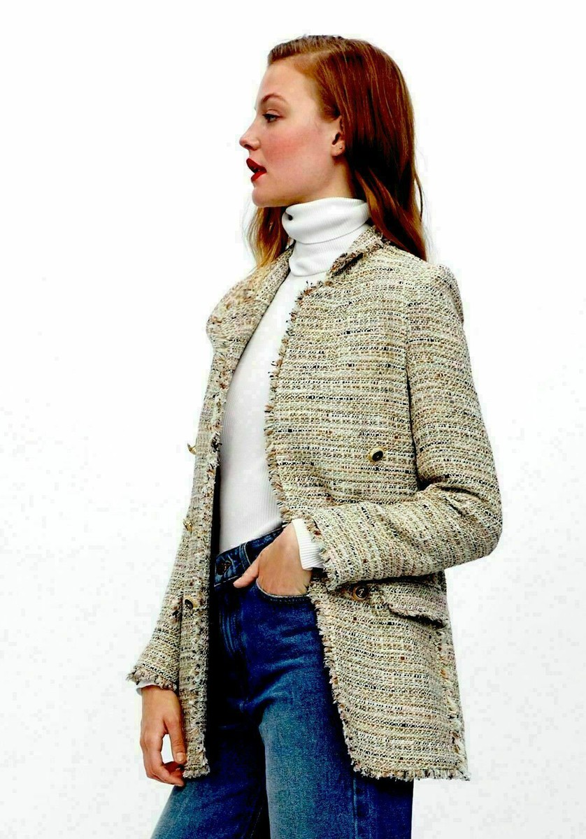 Manteau Long ZARA Woman En Tweed Bouclé Noir, Blanc, écru - Taille S (neuf Avec étiquettes)