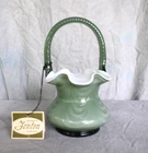 Vintage Fenton HERITAGE Green Overlay Drape Pattern Basket