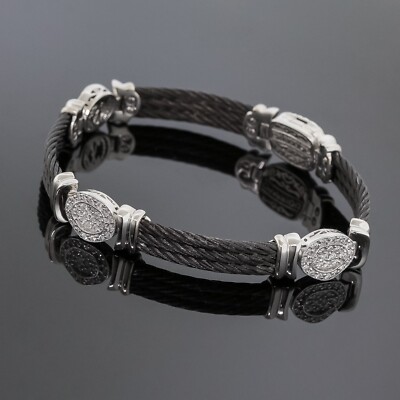 Philippe Charriol Pave Diamond Station Bracelet 18K White Gold Black Steel Cable