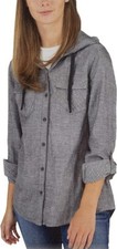 Boston Traders Women's Long Sleeve Button Down Flannel with Hood, Black Denim, S