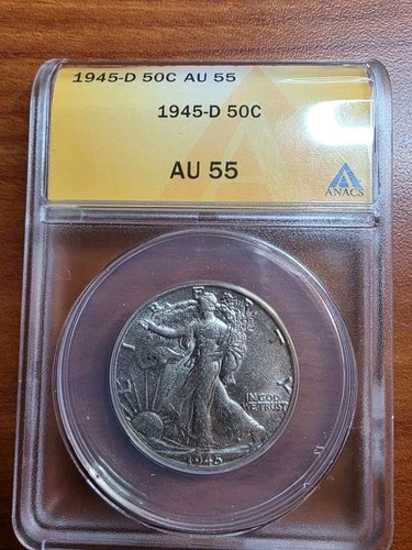 1945 D 50C AU 55 ANACS WALKING LIBERTY SILVER