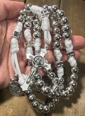 St Michael Rosary, White Paracord & Silver Beads Durable Rosary - Handmade