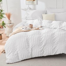 White Duvet Cover King Size, Ultra Soft 3-Piece Seersucker Duvet Cover Set wi...