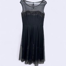 White House Black Market Lace Fit Flare Cocktail Dress Black Silver Mesh 8