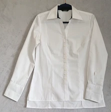 oobe Women's Classic Crisp White Blouse L/S Button Up Navy Trim Shirt Sz S