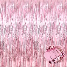 Pink Foil Fringe Curtain Backdrop 3 Pack, 3.28x8.2 ft Metallic Tinsel Party