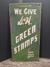Vintage PORCELAIN GREEN STAMPS ENAMEL SIGN 8X4 INCHES