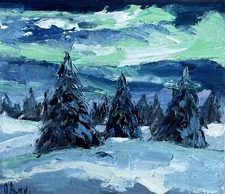 Northern Lights Impasto Oil Painting Finland Winter Landscape Art 6x7"