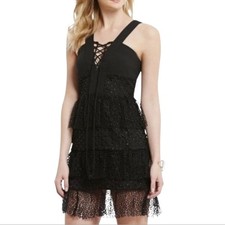 Gianni Bini  Black Lace Tiered Ruffle Lace Up Dress Sleeveless Cocktail Party 0