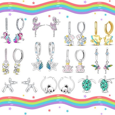 Animal Hoop Earrings 925 Sterling Silver Simulated Zirconia Fish Giraffe Unicorn