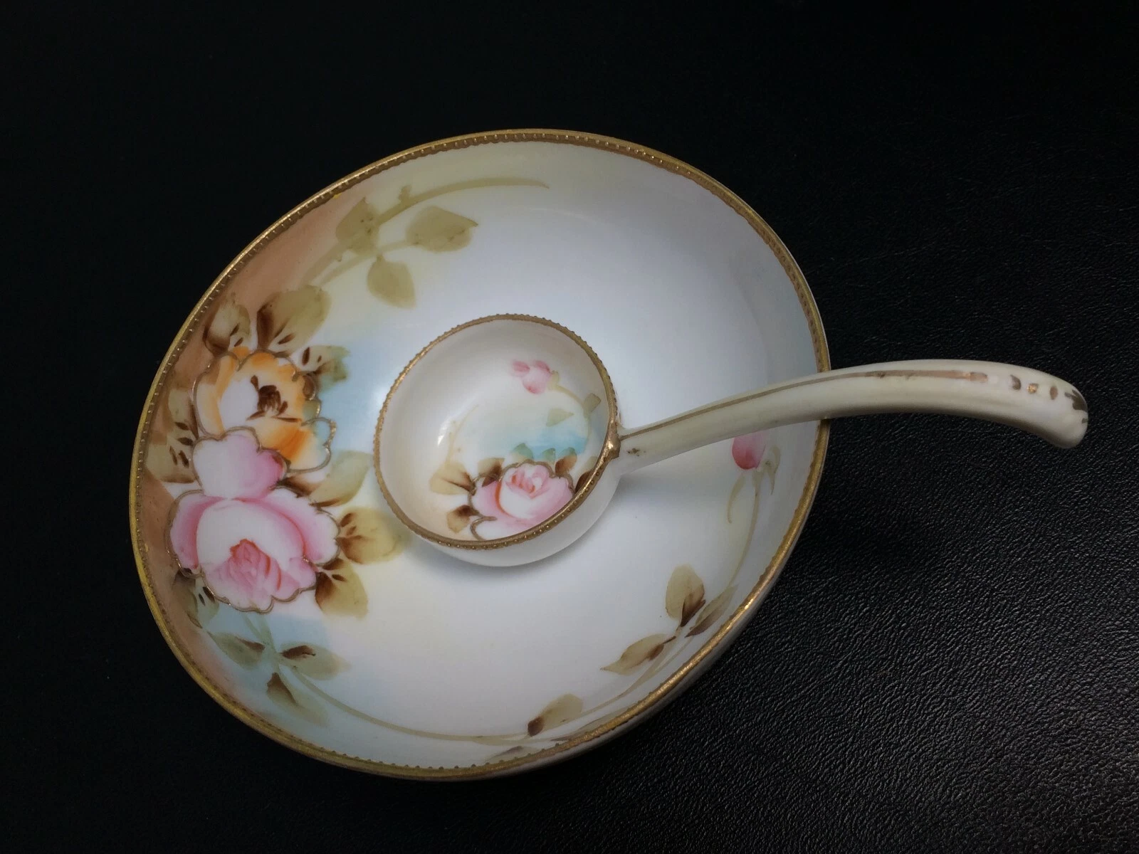 Hand Painted Nippon Mayonaise/Sauce Bowl & Ladle Pink Roses