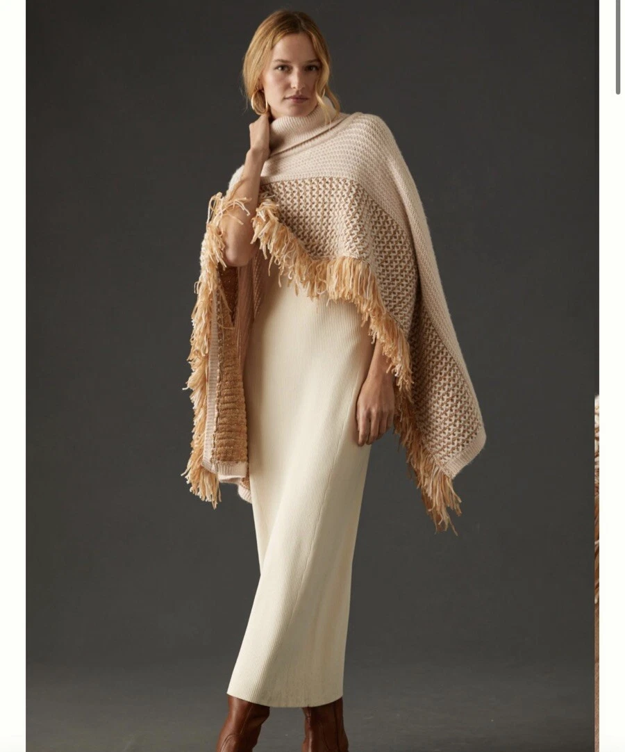 By Anthropologie Womens Light brown Cropped Poncho Sweater Fringe One Size