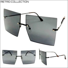 OVERSIZED EXAGGERATED RETRO SUNGLASSES Blac Rimless Frame Large Square Dark Lens