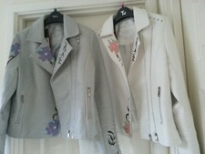 "klass" Embroidered Faux Leather Biker Jacket - Grey Melange Or Ivory***