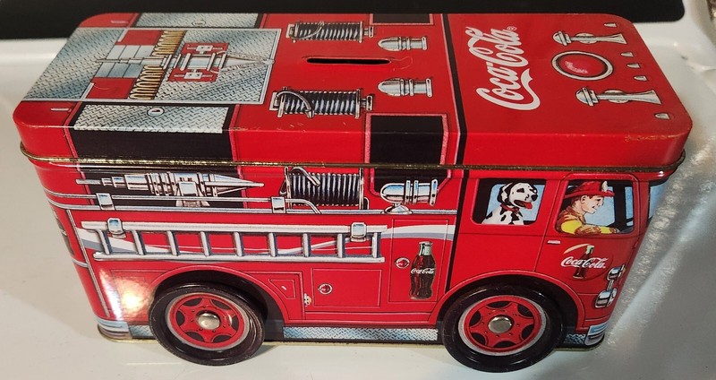 Vintage Coca-Cola Tin Fire Truck Piggy Bank On Wheels Dalmation 