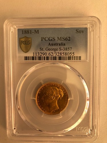 1881M St.George Reverse Sovereign McD161 S-3857 Long Tail in PCGS MS62 - Picture 2 of 3