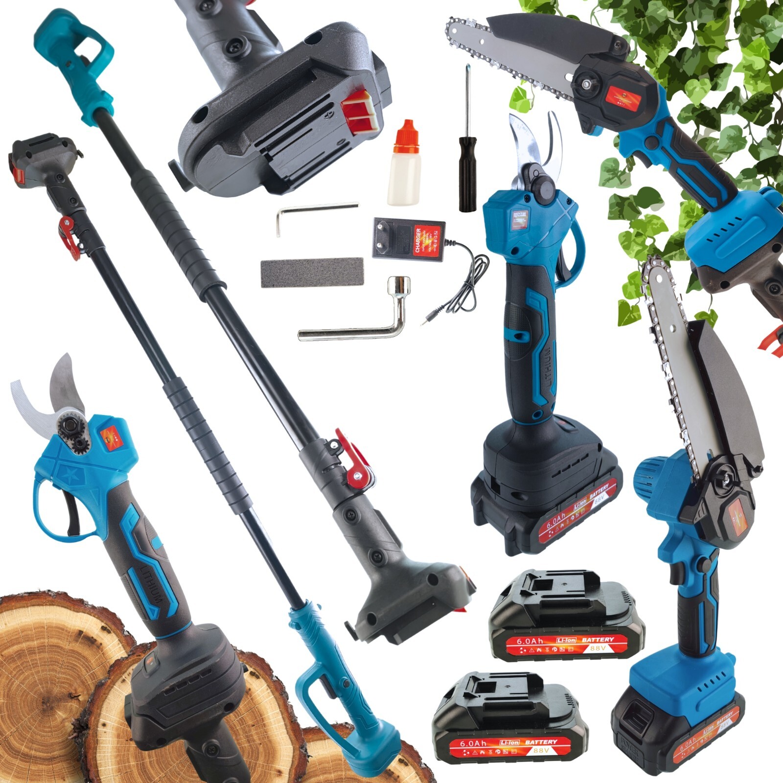 Tronçonneuse 6 pouces et sécateur sans fil avec 2 batteries 6Ah et manche télescopique XL
